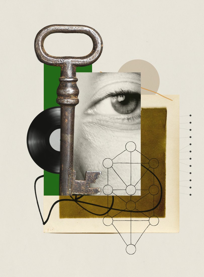Collage of an antique key, an eye and a sefirot diagram